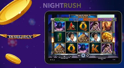 A tablet with Demi Gods V gameplay and a Demi Gods V title with two coins next to it.