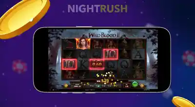 A phone with Wild Blood 2 gameplay and two coins in a dark setting.