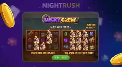 A tablet with Lucky Crew wilds and casino coins around against a starry background.