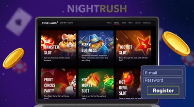 TrueLab games on a laptop with gold and a register button on a starry background.