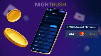 Withdrawal options on a phone with two coins and a withdrawal button against a purple background.