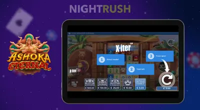 Tablet with Ashoka Eternal’s X-tier mode, and the slot symbol against a dark background.
