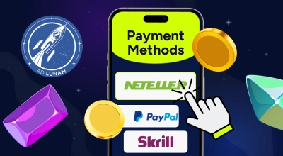 ayment methods on a phone with the AD LUNAM logo and casino items on a starry background.