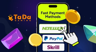 Fast payment methods on a phone, the TaDa Gaming logo and casino items against a blue background.