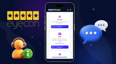 Contact on a phone with the Eyecon logo and customer support items.