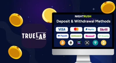 TrueLab logo, golds and deposit and withdrawal methods on a starry background.