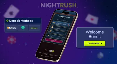 A phone displays a casino sign-up page with options to choose a welcome bonus.