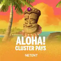 Aloha! Cluster Pays slot with a mask against a yellow background.