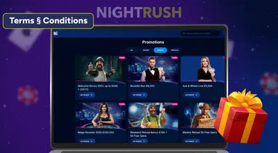 Laptop showing a casino promotions page with a Terms & Conditions graphic and a gift box.