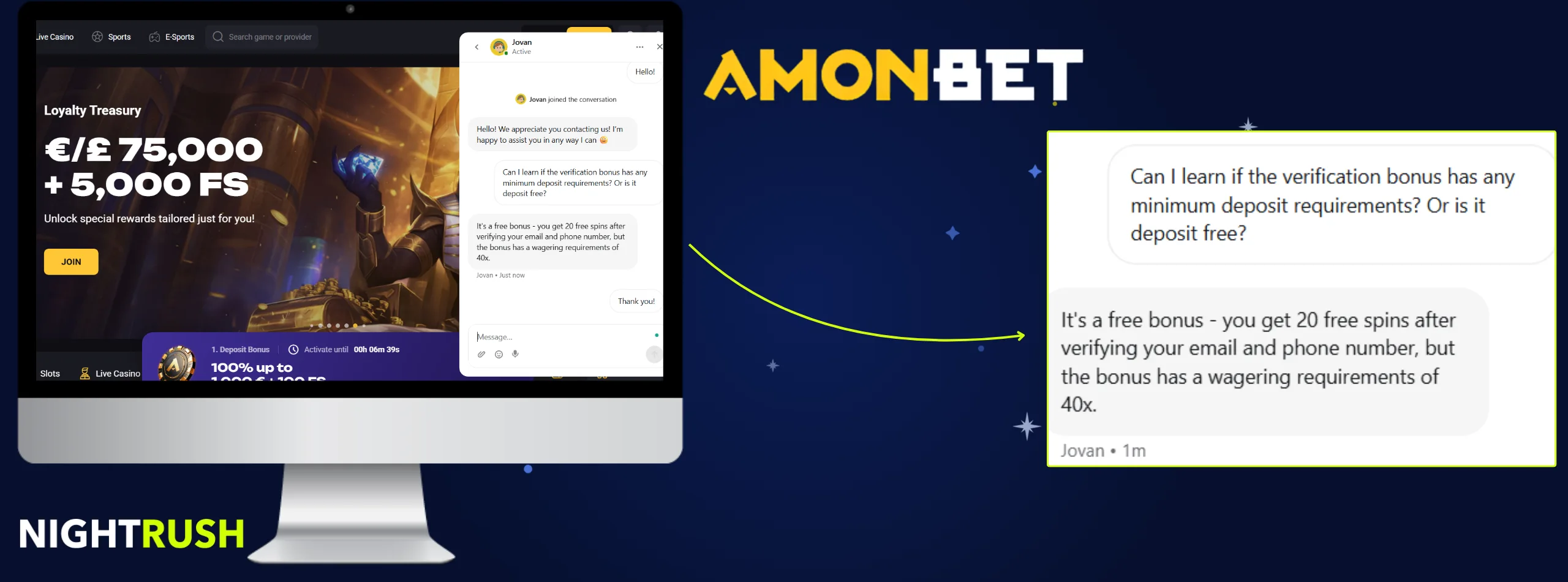 Amonbet Casino live chat conversation