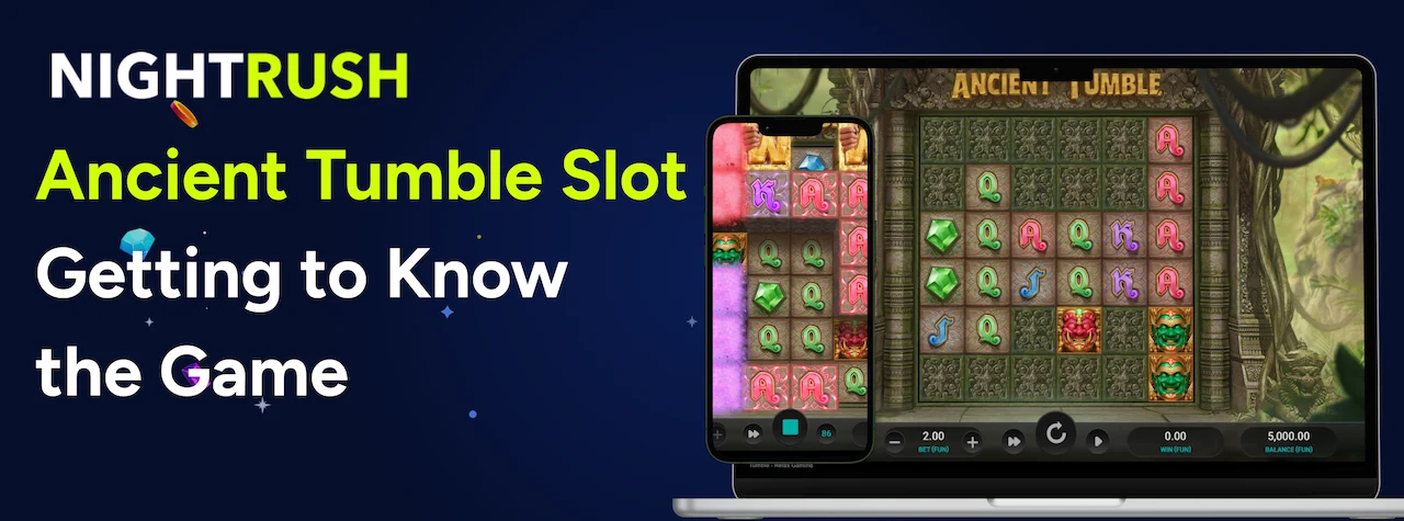 Laptop and smartphone displaying Ancient Tumble slot game with jungle-themed reel icons.