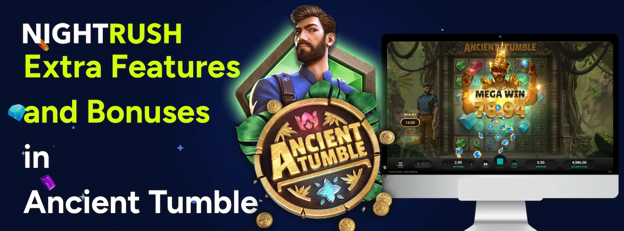 Jungle explorer character next to a monitor displaying a Mega Win in Ancient Tumble.