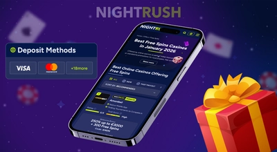 Smartphone showing free spin offers next to deposit method icons and a red gift box.