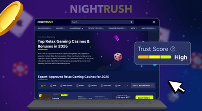 Laptop displaying Top Relax Gaming Casinos 2026 with a High trust score indicator.