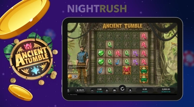 Tablet showing Ancient Tumble slot gameplay next to the game's logo and gold coins.