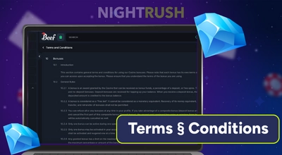 Laptop screen displaying online casino bonus terms and conditions.