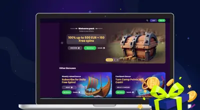 Laptop showing a casino's Welcome Pack and bonus deals with a treasure chest graphic.