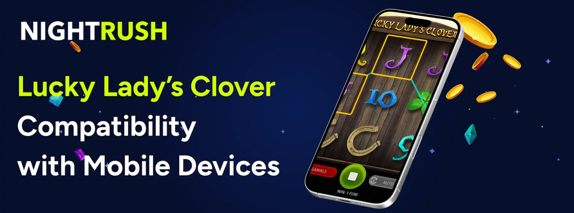 A smartphone screen displays the BGaming slot game Lucky Lady's Clover.