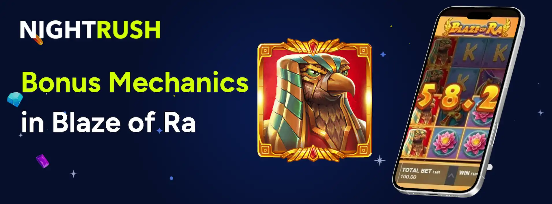 Egyptian falcon god icon next to a smartphone displaying Blaze of Ra bonus mechanics.