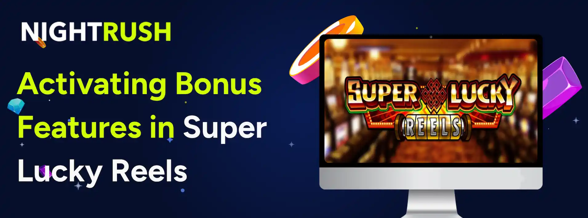 Laptop showing Super Lucky Reels logo & text on a blue background.
