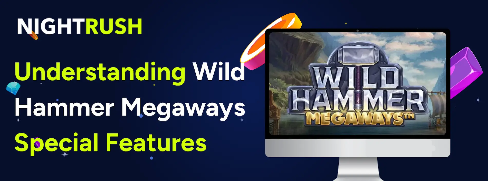 Laptop showing Wild Hammer Megaways gameplay & text on a blue background.
