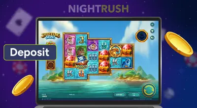 Shifting Seas on a laptop with two coins and a deposit button against a background.