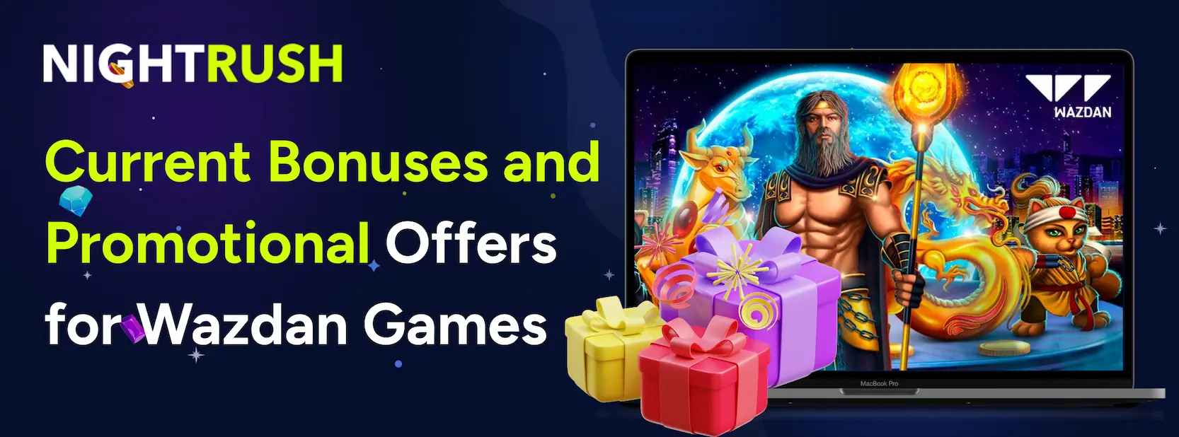 Current Bonuses and Promotional Offers for Wazdan Games text on blue, laptop showing Wazdan games, gifts.
