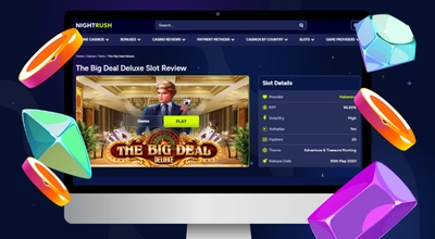 Laptop shows Nightrush website, The Big Deal Deluxe slot review.