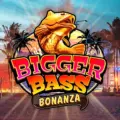 Bigger Bass Bonanza logo with a fisherman holding a large fish against neon palm trees.