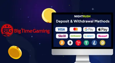 Monitor displaying various casino Deposit & Withdrawal Methods including crypto and fiat payment logos.
