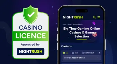 Digital casino licence approved by Nightrush next to a list of Big Time Gaming casinos on a phone.