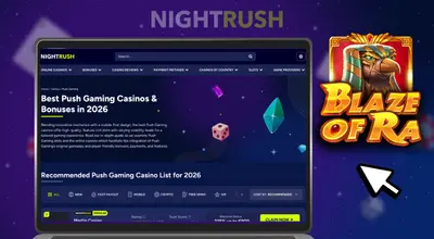 Laptop screen showing Best Push Gaming Casinos list for 2026 next to Blaze of Ra logo.