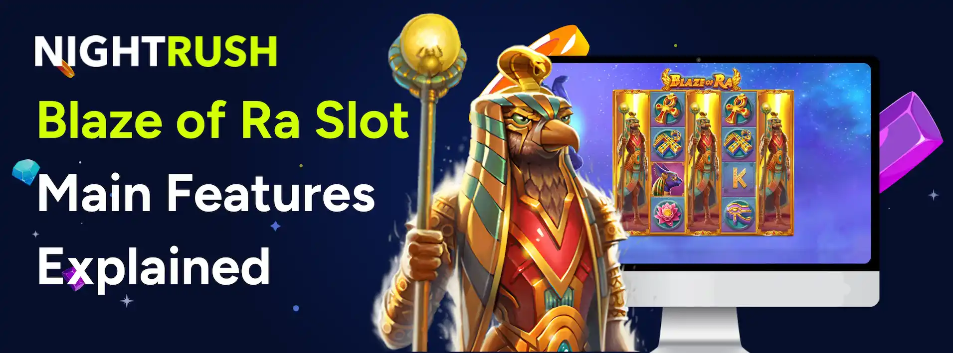 Egyptian deity holding a staff next to a monitor displaying the Blaze of Ra slot game.