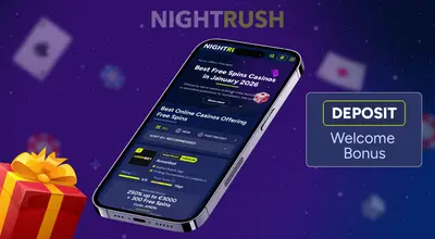Smartphone showing free spins casino offers next to a gift box and deposit bonus button.