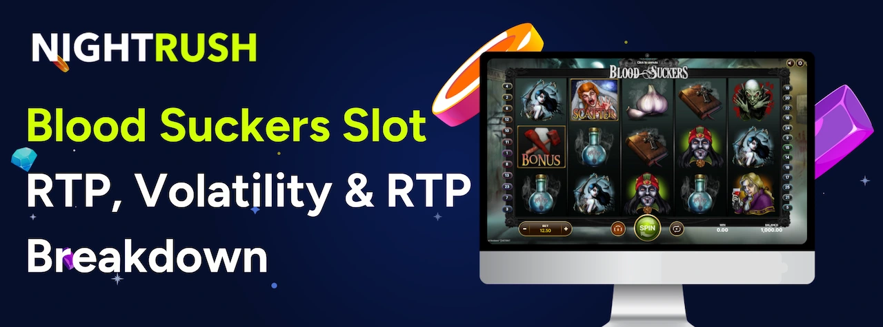 Banner with the text Blood Suckers Slot RTP, Volatility & RTP