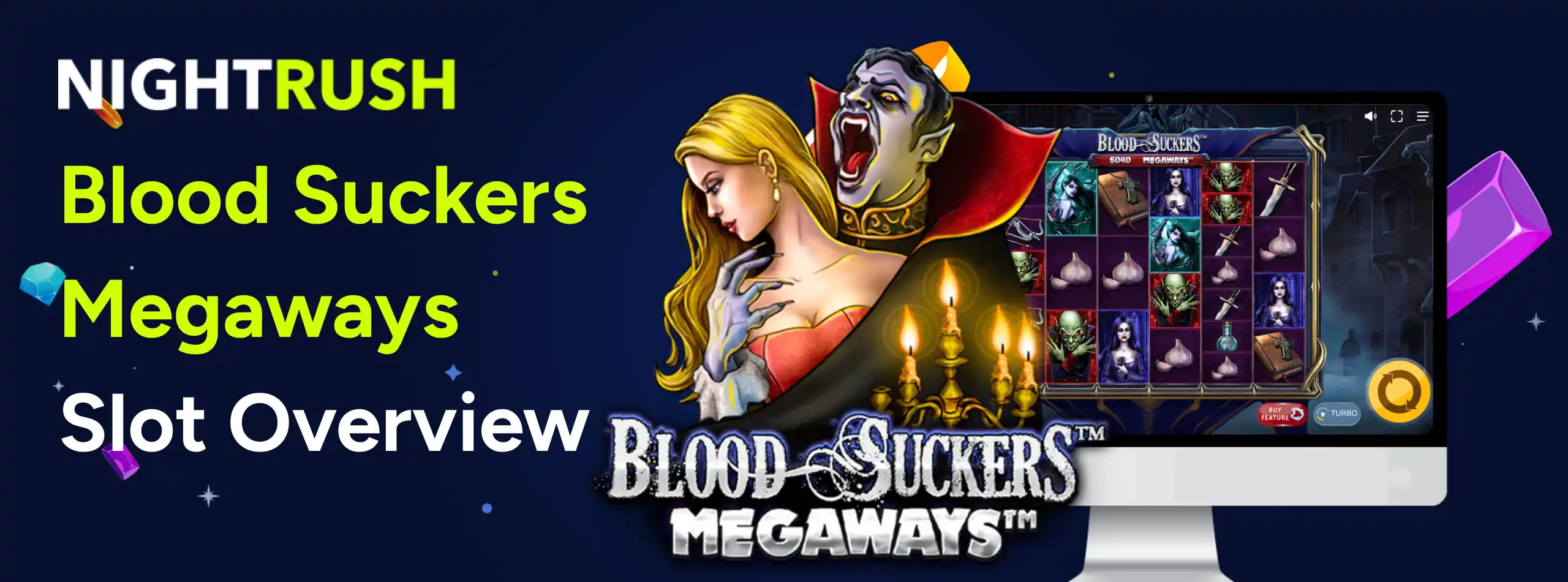 Vampire and victim characters next to a monitor showing Blood Suckers Megaways slot gameplay.