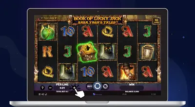 Laptop shows Book Of Lucky Jack Baba Yaga Tales Slot gameplay & cursor on + bet.