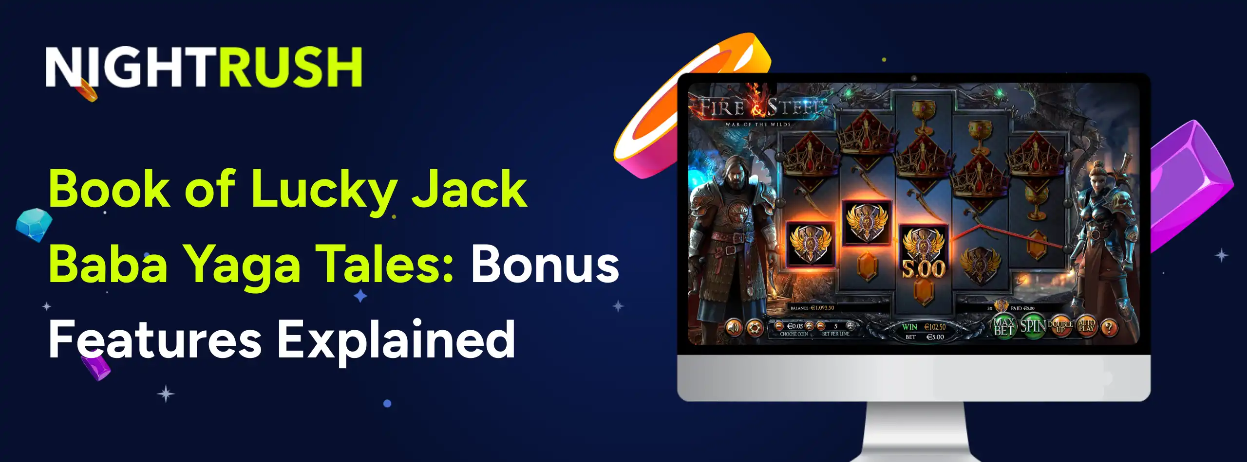 Laptop showing Book Of Lucky Jack Baba Yaga Tales logo & text on a blue background.