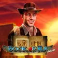 Book of Ra Deluxe logo with a fedora-wearing explorer smiling next to an ancient book.