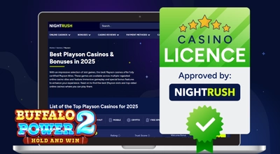 Laptop showing popular casinos, Buffalo Power 2: Hold and Win logo, approved badge.