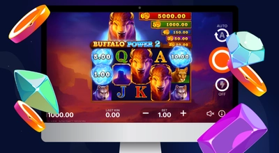 Laptop showing Buffalo Power 2: Hold and Win gameplay.