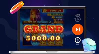 Laptop showing grand win on Buffalo Power 2: Hold and Win.