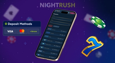 A smartphone screen displays online casino deposit options, with icons for Visa, Mastercard, and a lucky number seven.