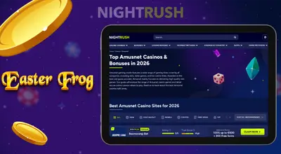 Tablet showing Amusnet casino sites for 2026 next to Easter Frog text and gold coins.
