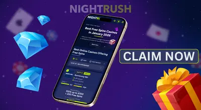 Smartphone showing free spins casino list for 2026 next to blue gems and a red gift box.