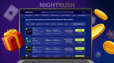 A laptop displays a website comparing online casino welcome bonuses, with a gift box and coins in the foreground.