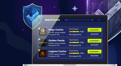 Laptop displays NightRush casino website listing recommended casinos like Hugo and Golden Panda.