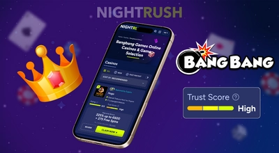 A smartphone displays an online casino review with a high trust score, next to a golden crown.