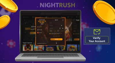 Laptop showing an exclusive sign-up offer next to floating gold coins and a verification box.