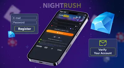 Smartphone showing a sign-up form next to blue gems and a Verify Your Account box.